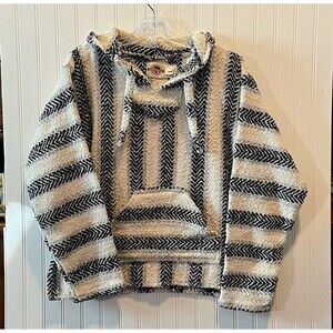Earth Ragz  Knit Pullover Hoodie Striped Drawstring Long Sleeve Black White Lge